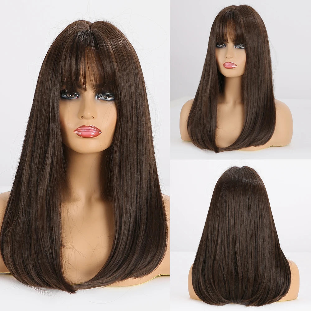 Fast Delivery  Long Silky Straight Wigs with Bangs Dark Black Brown Synthetic Wigs Bone Straight Fiber Hair Wig
