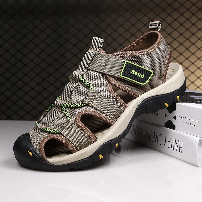 Factory Supply Large Size Feet Fly Mesh Upper Anti Slip Hand Made Sewing Men Closed Toe Summer Beach Sandals