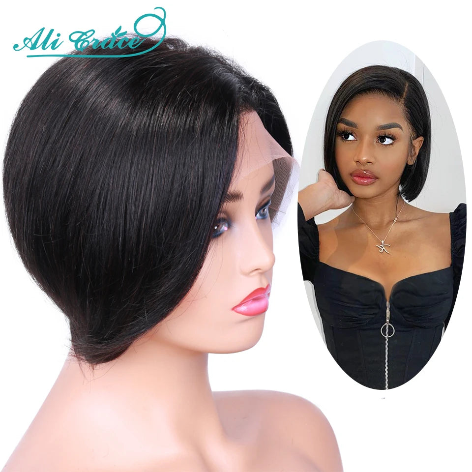20CM Pixie Cut Blunt Bob Hair Wig Brazilian Short Straight Hair Wigs Pre-plucked Pixie Cut Ali Grace Lace Part Lace Wigs