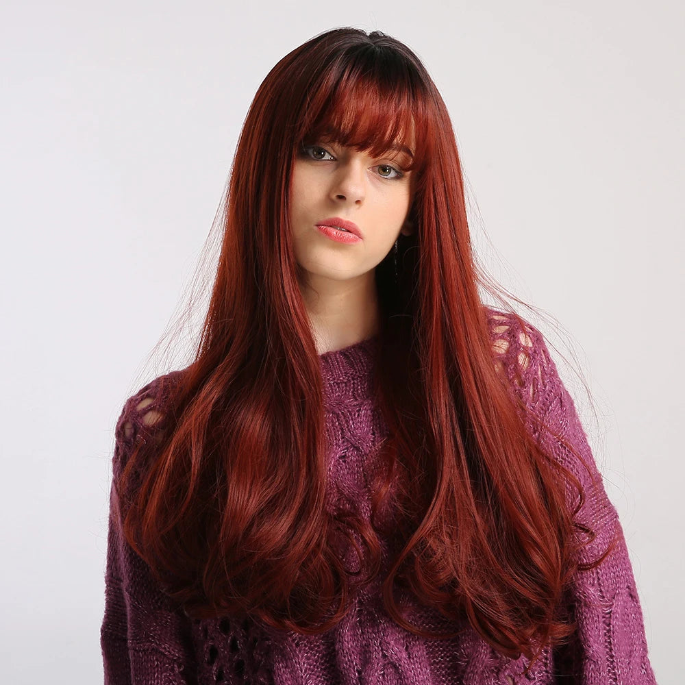 Fast Delivery  Long Silky Straight Wigs with Bangs Dark Black Brown Synthetic Wigs Bone Straight Fiber Hair Wig