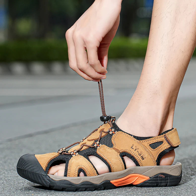 OEM Service Factory Supply Hand Made Anti Slip Comfortable Large Size Close Toe Summer Cow Genuine Leather Sandals for Men