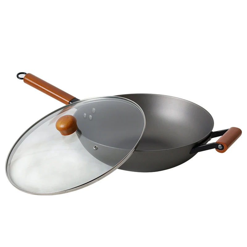 Lightweight 32cm Cast Iron Wok Chinese Wok Glass Lid for Kitchen Cooking Cookware Gas Induction Stove Pattern With Wooden Handle