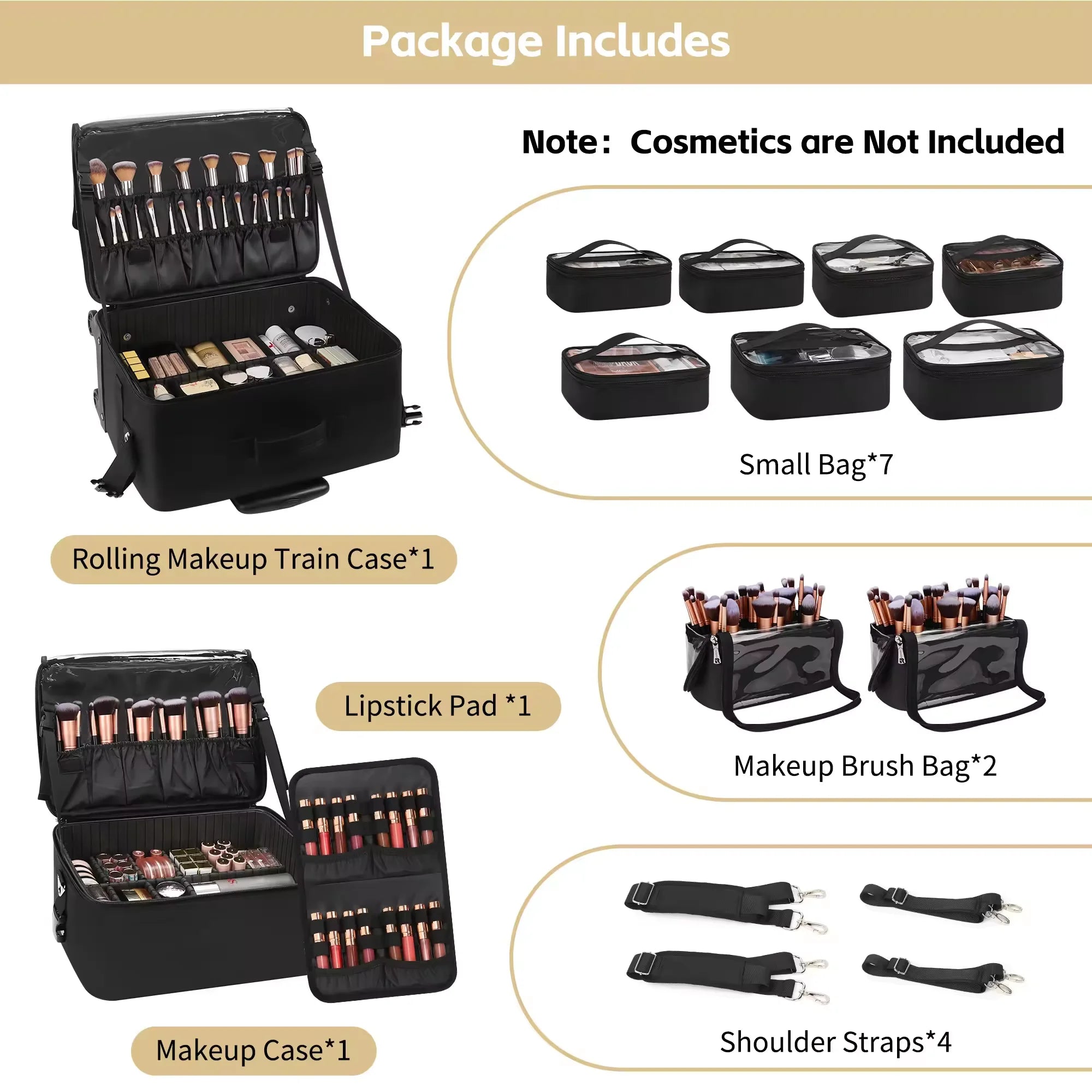 Relavel Professional 4 in 1 Black Canvas Rolling Artists Makeup Cases Travel Trolley Case with 7 Small Bags Cosmetic Cases