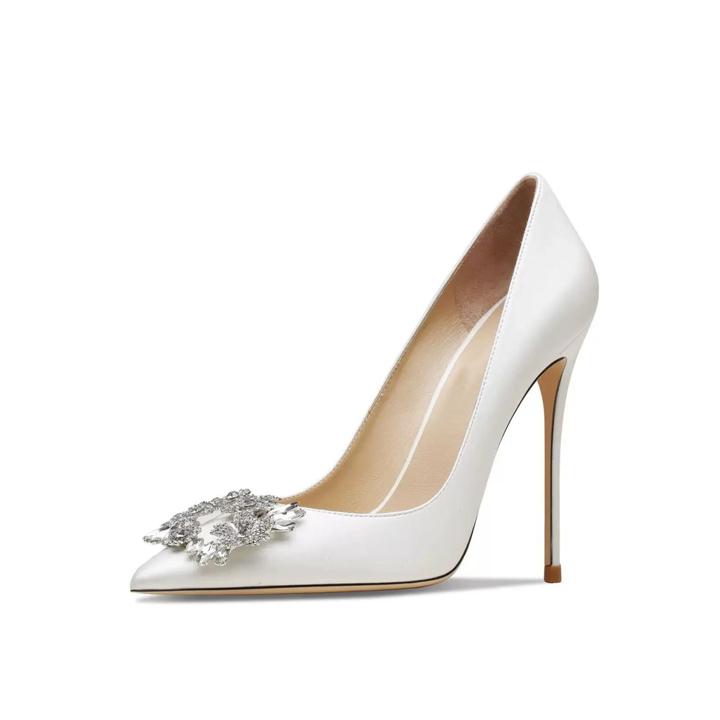Zapatos De Mujer  Elegant White Heels Sandals Pumps Shoes Thin Heel Bridal Wedding Heeled Shoes Flat Feature Bling Rhinestone