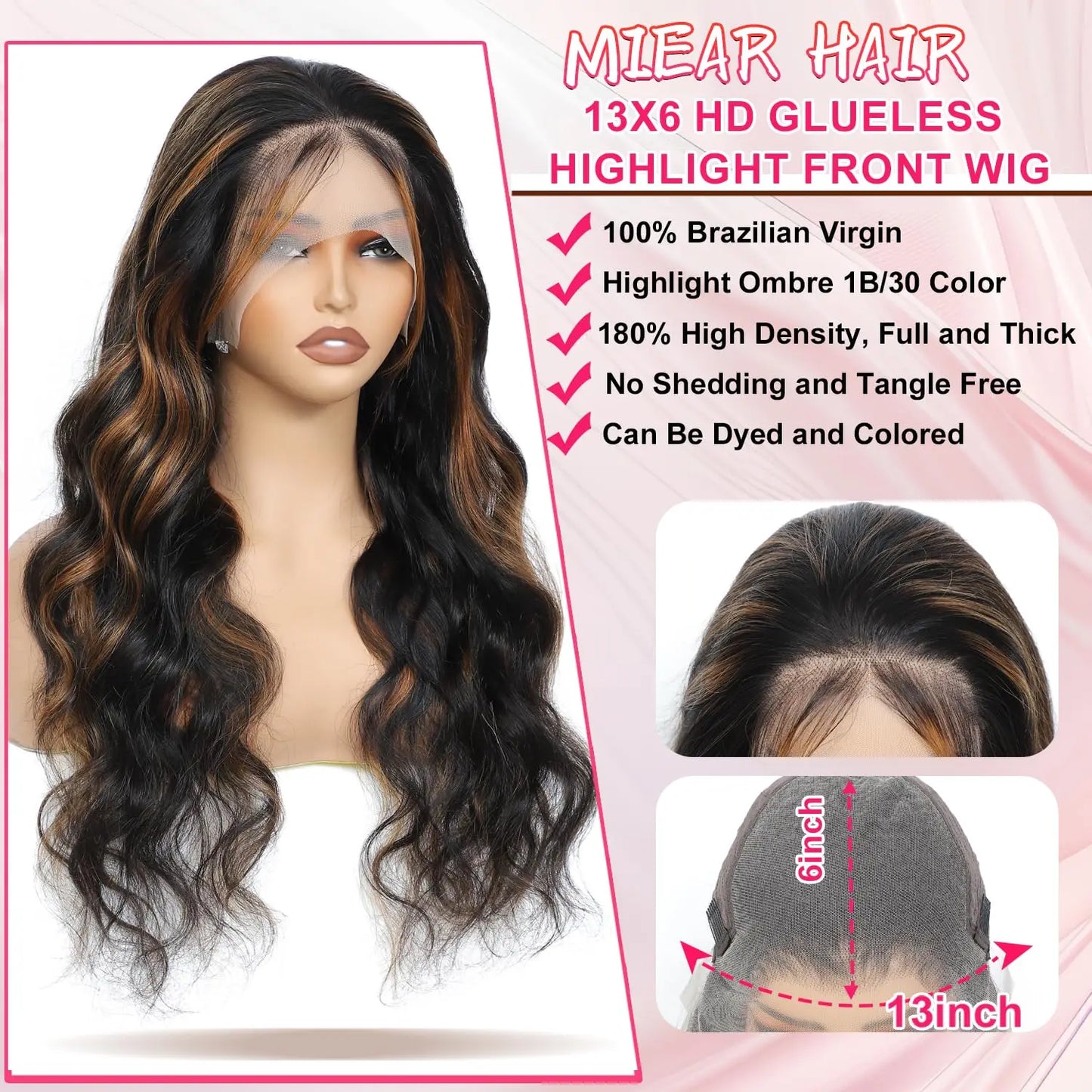 1B30 Body Wave Colored Highlight Ombre Glueless Lace Front Human Hair Wig Pre Plucked 13x6 HD Lace Frontal Wigs Human Hair