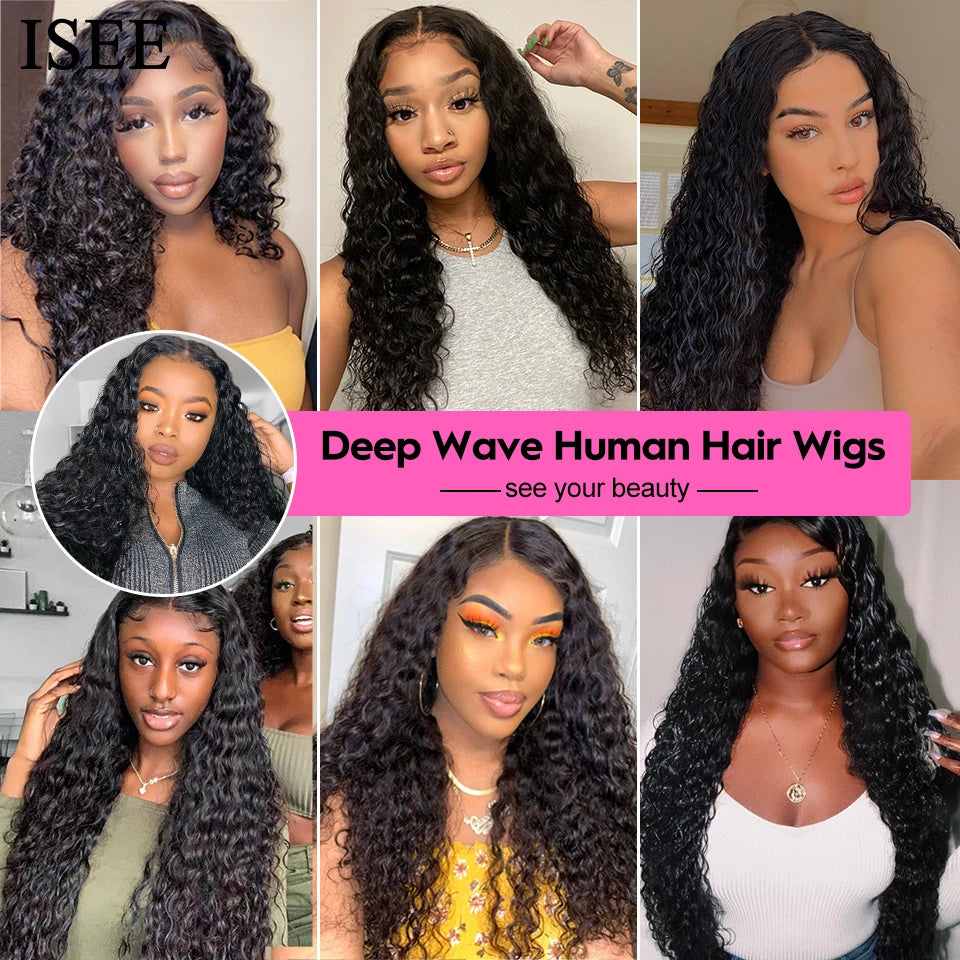 ISEE Wear Go Wig Brazilian Deep Wave Pre Bleached Knots 13x4 Lace Wigs 7x5 HD Glueless Pre Plucked Human Wigs Ready To Go