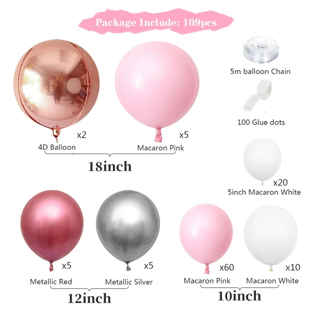 109PCS Pastel Macaron Pink Balloon Garland Arch Kit 4D Rose Gold Metallic Red Silver WHITE Balloon for Wedding Baby Shower Party