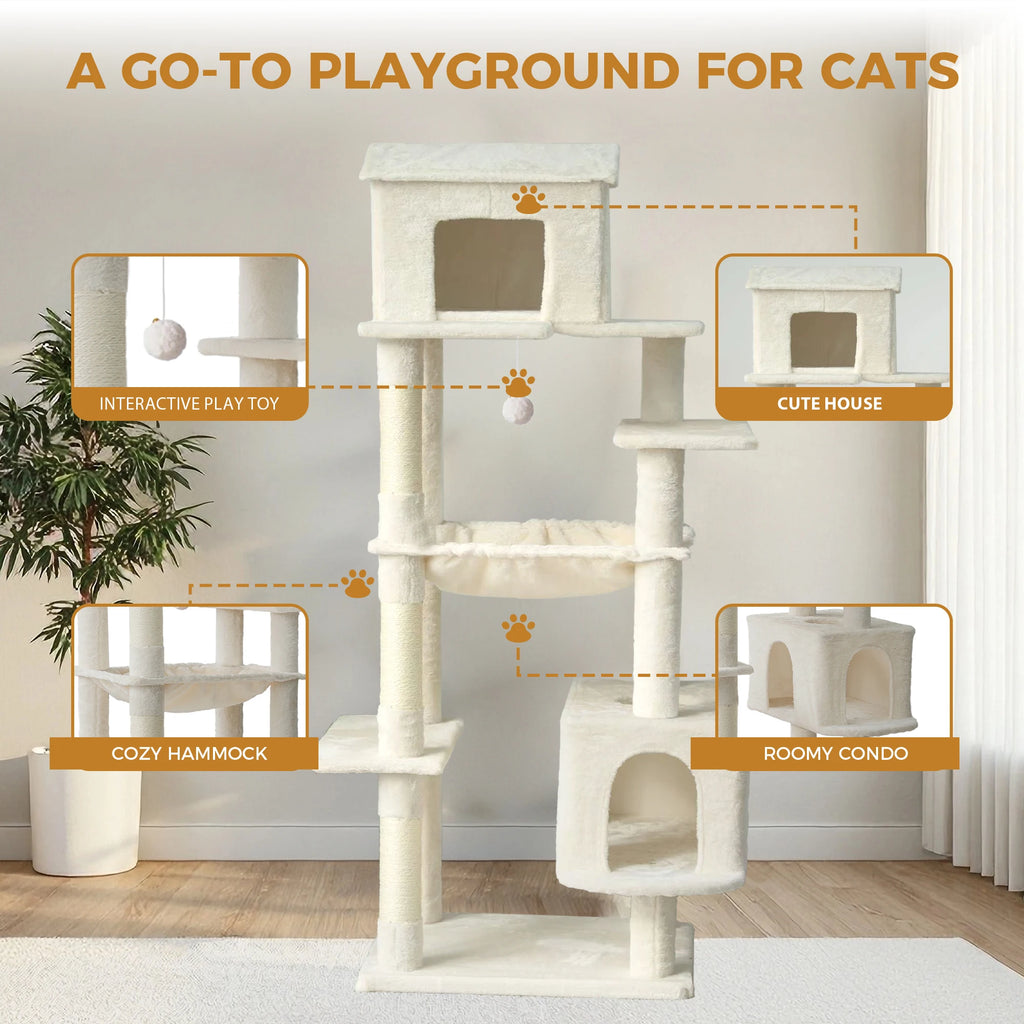 Modern Luxury Large Beige  Multi Layer Plush Cat Tree with Hammock Grab Post Carton Packed for 4-5 Cats Free Shipping US