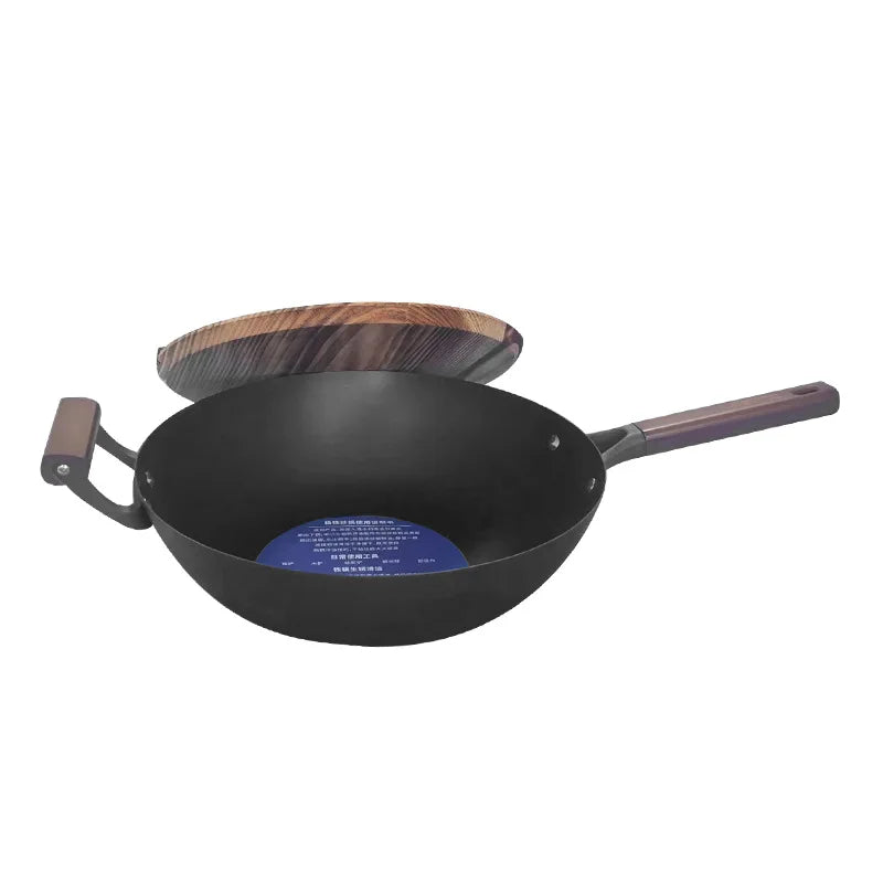 Extra Thick Nitrided Cast Iron Frying Pan Wood Grain Handle Tempered Glass Lid Non-Coated Non-Stick Surface CE Certified