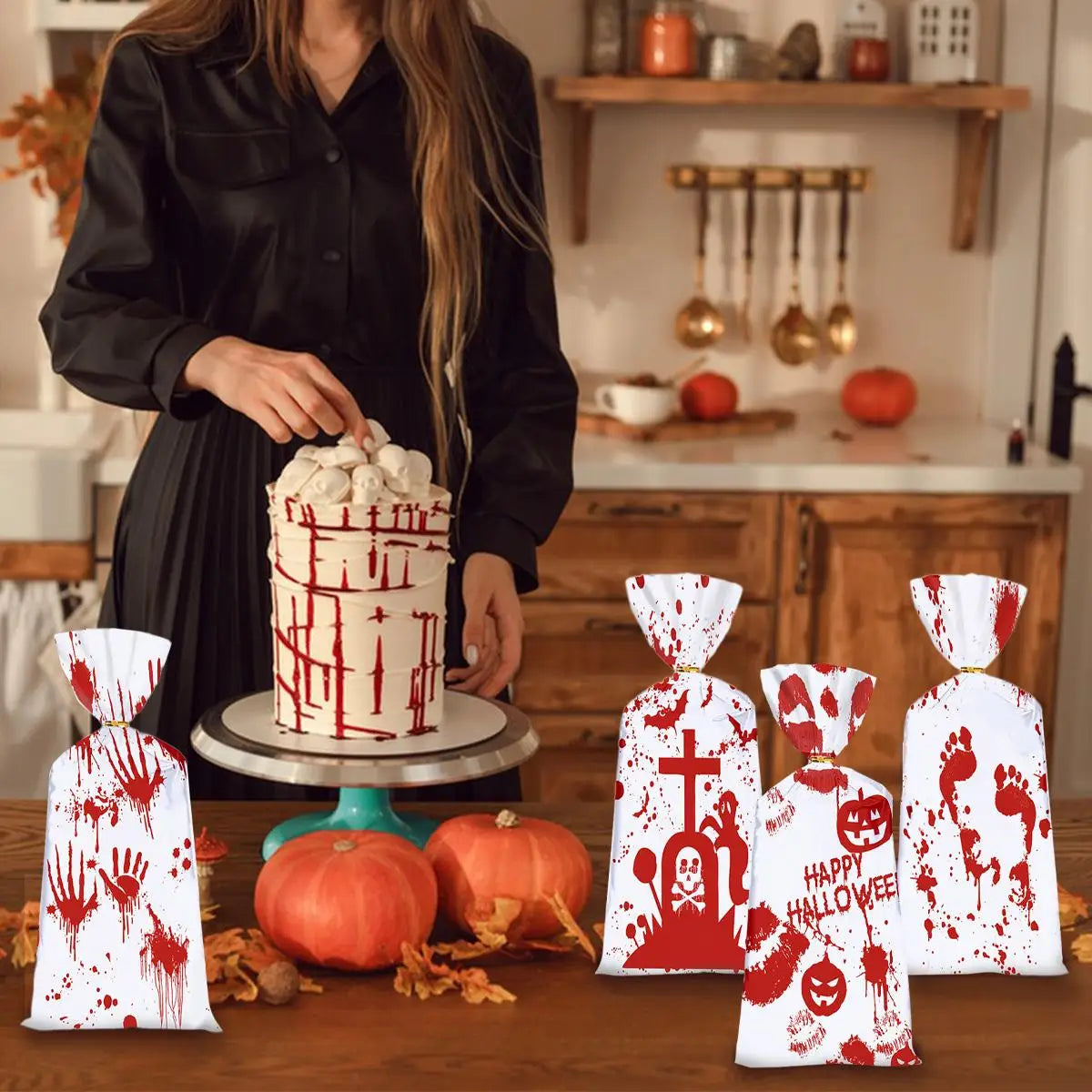 Halloween Bloody Hand Pumpkin Themed Cellophane Candy Goodie Bags with Twists Party Favors for Treats Made in China
