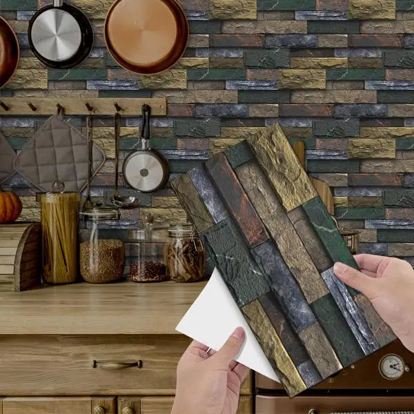Self-Adhesive Retro Stone Brick Peel and Stick Backsplash Tiles Detachable Wall Sticker for Kitchen and Bathroom