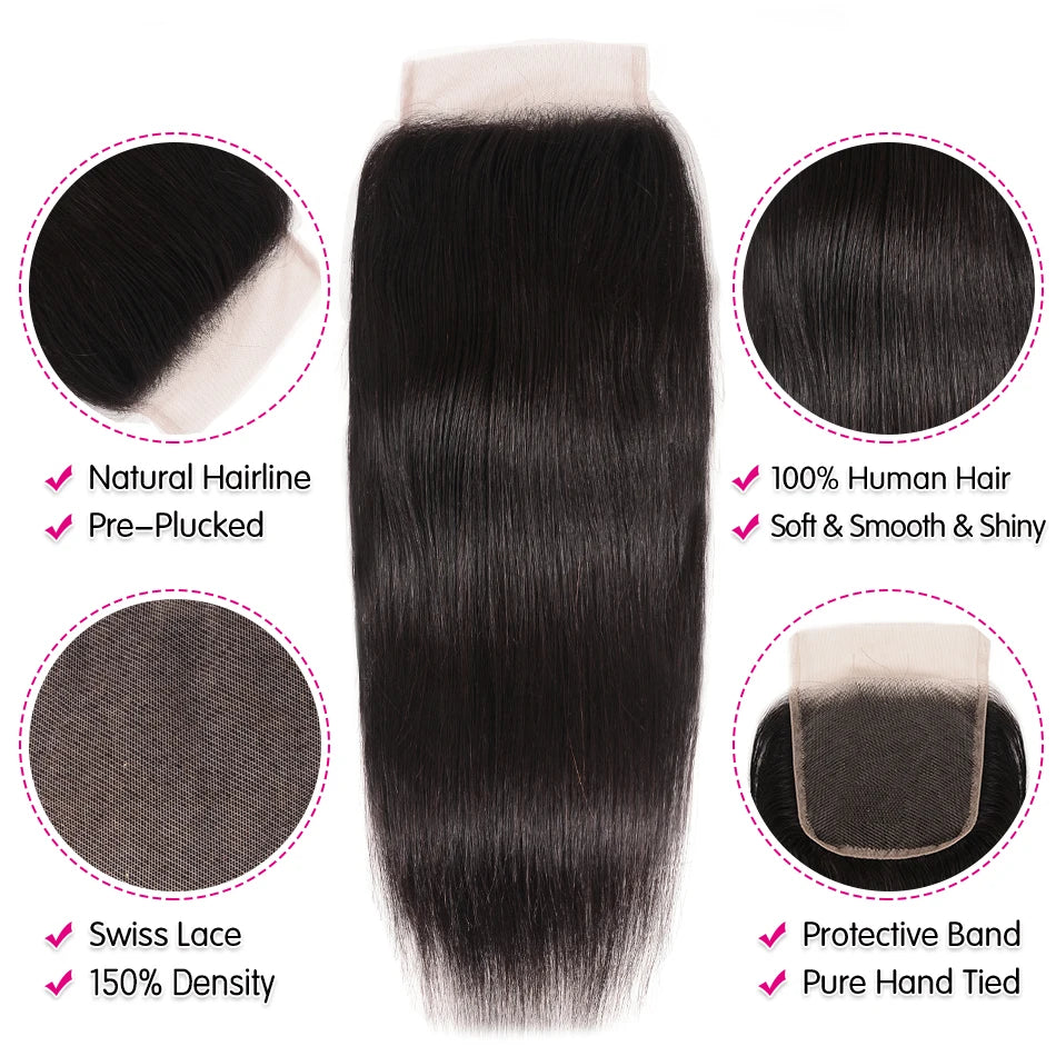 Unice Hair Malaysian Straight Hair Lace Closure 4X4 Free Part Remy Human Hair Closure Swiss Lace 1 PCS 150% Density