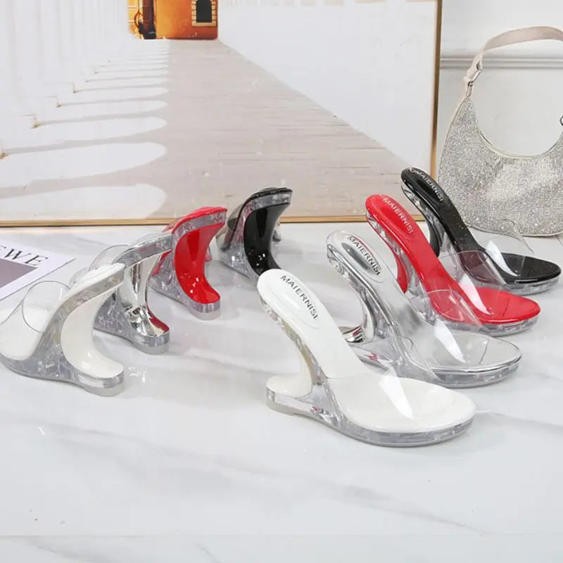 Chaussure Femme Clear Transparent Wedge Mules Open Toe High Heel Sandals for Women Party Dress
