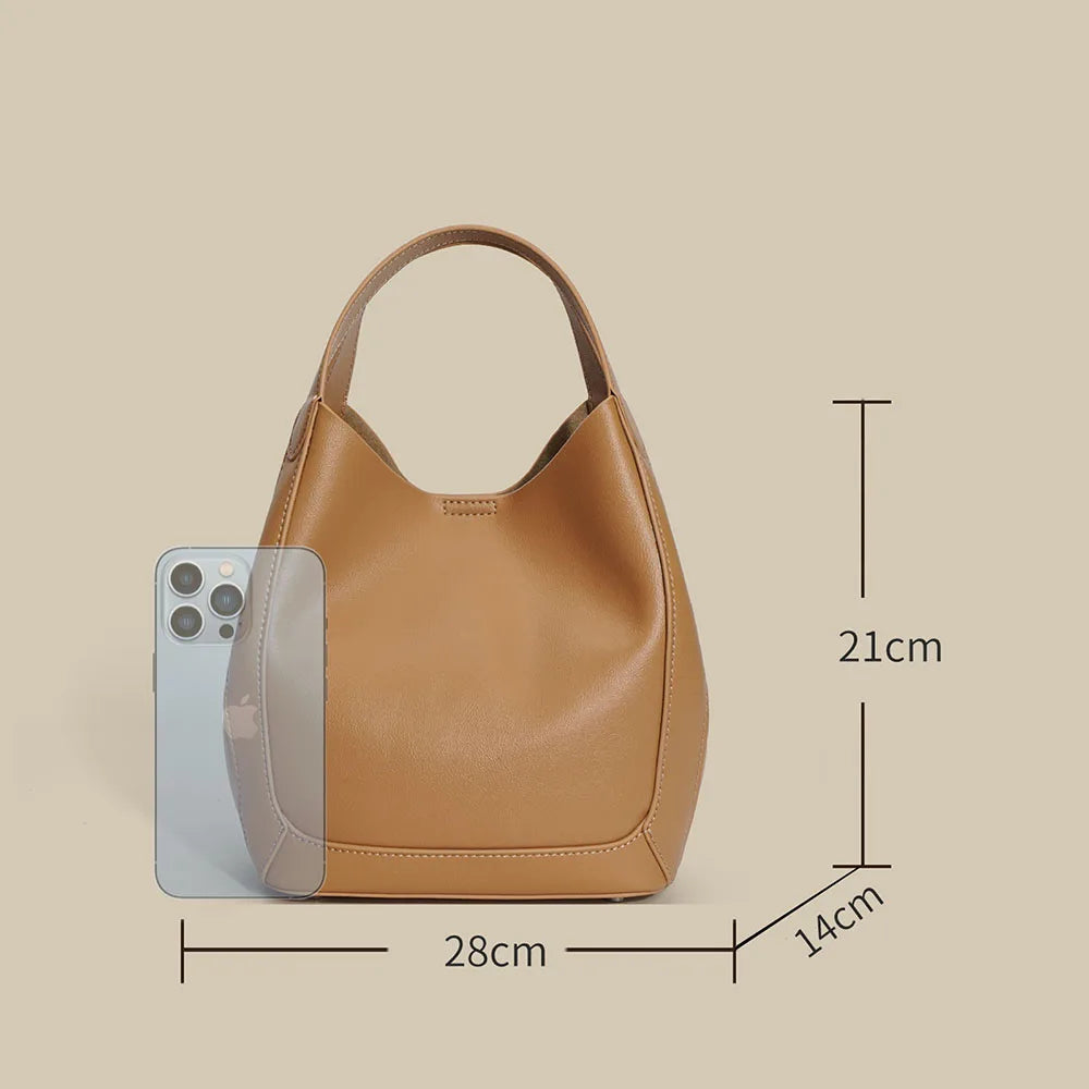 Women's Genuine Cowhide Leather Large Capacity Handbags Fashionable Open Closure Shoulder Purses Ladies Brand Handbags