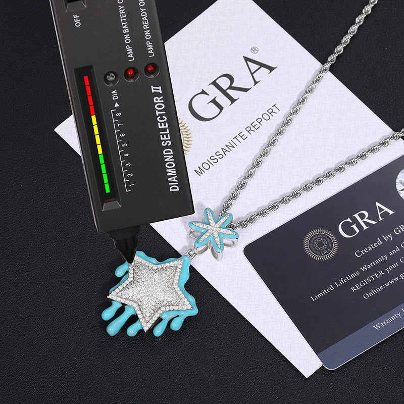 New Arrival Glow in the Dark Enamel Plated Star Pendant Hip Hop Jewelry Silver 925 VVS Moissanite Diamond Iced Out Fine Jewelry
