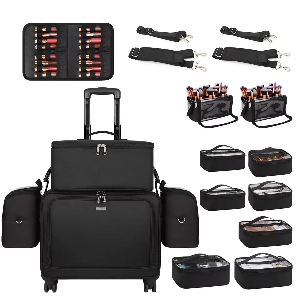 Relavel Professional 4 in 1 Black Canvas Rolling Artists Makeup Cases Travel Trolley Case with 7 Small Bags Cosmetic Cases