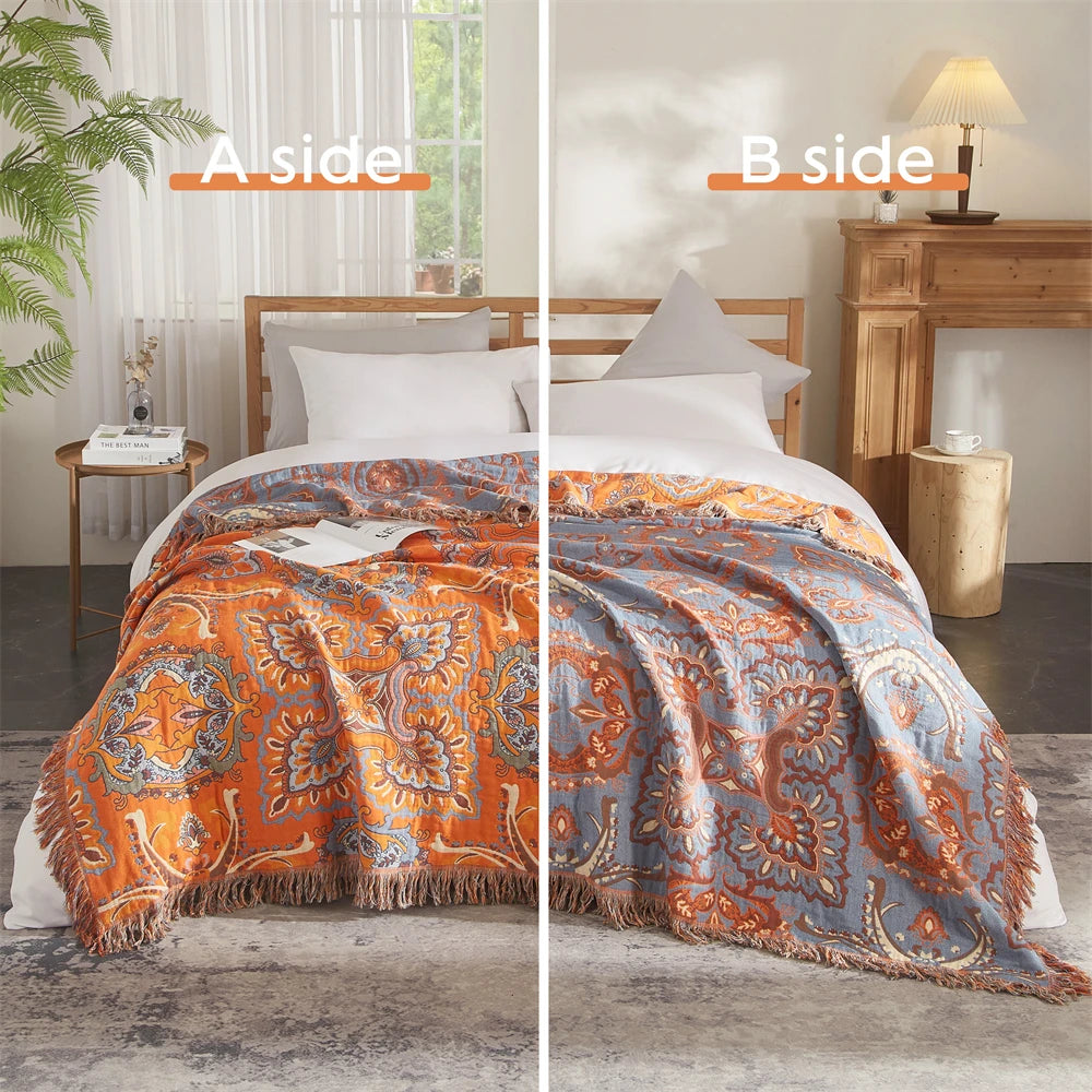 Wholesale King-Size Jacquard Style Soft Vintage Floral Boho Bed Blanket 100% Cotton Muslin Home Textile Gift Throw Blanket