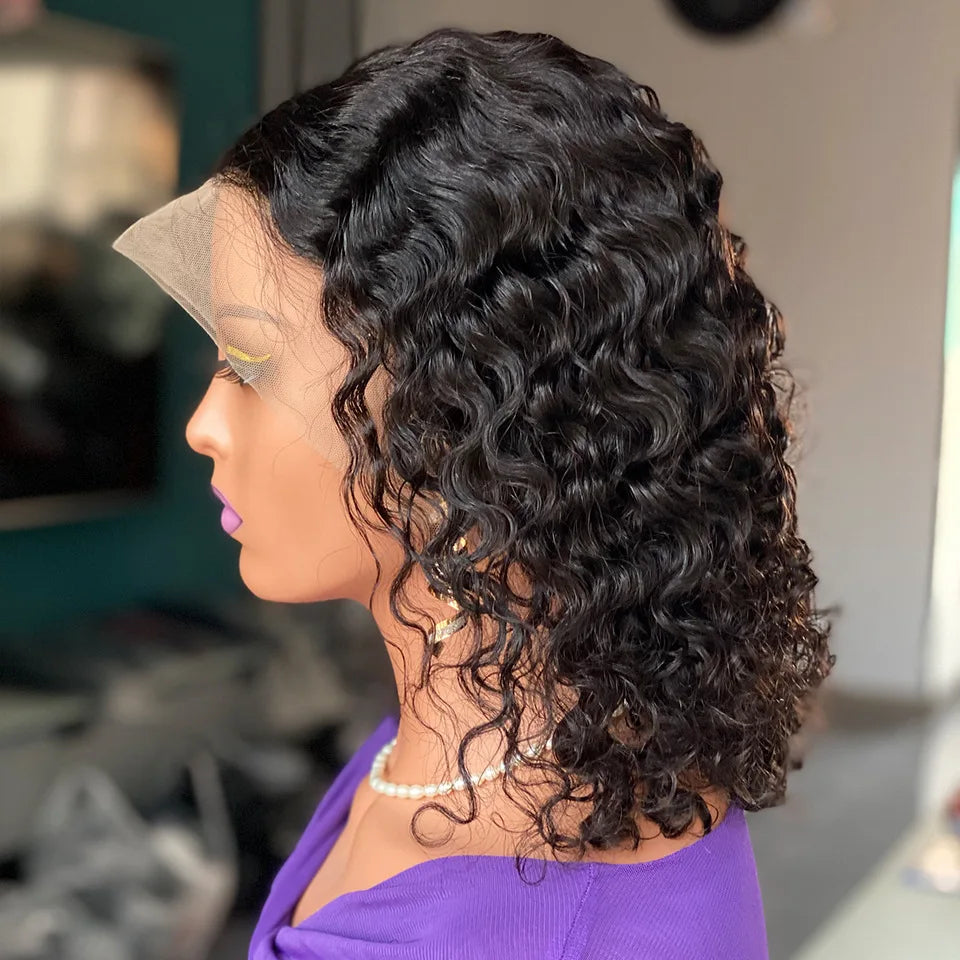 180% Density13x4 Top swiss Lace Water Wave Bob Frontal Real Human Hair Wig  Lace Front Wigs Transparent Deep Kinky