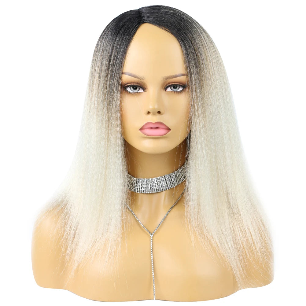Wholesale 14 Inch Yaki Straight Afro Light Brown Lace Hair Wig Glueless Synthetic Middle Part Women  Machine-Made Long Wigs