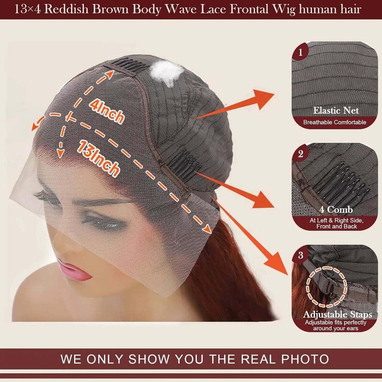 34 Inch Reddish Brown Body Wave HD Lace Front Human Hair Wig PrePlucked 13x4 Colored Human Hair Glueless Lace Frontal Wigs