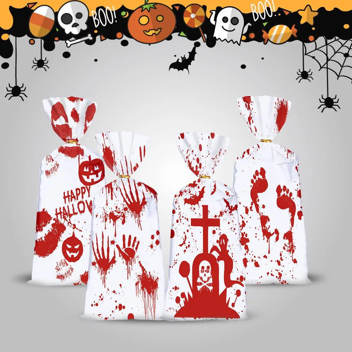 Halloween Bloody Hand Pumpkin Themed Cellophane Candy Goodie Bags with Twists Party Favors for Treats Made in China