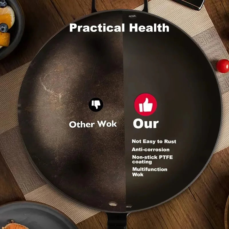 Lightweight 32cm Cast Iron Wok Chinese Wok Glass Lid for Kitchen Cooking Cookware Gas Induction Stove Pattern With Wooden Handle