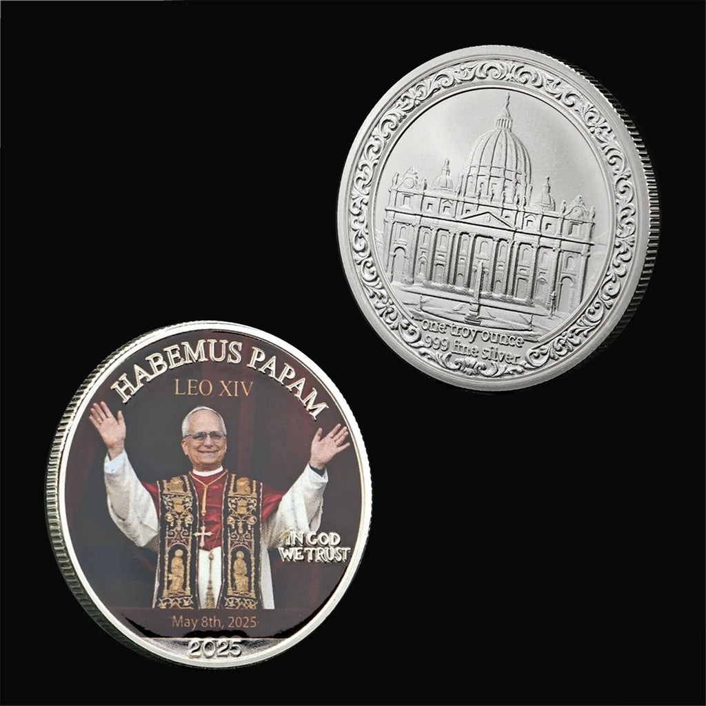 Metal Craft Pope Leo XIV Commemorative Coin HABEMUS PAPAM Silver Hard Enamel Coin  with Cross for Prayer Use