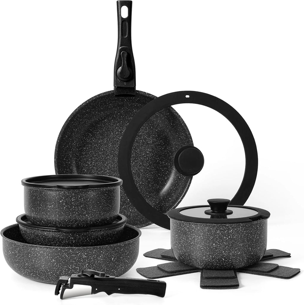 Hot Selling 15 Pcs Black Granite  Aluminum Cookware Set Detachable Handle Pans Pots Nonstick Coating