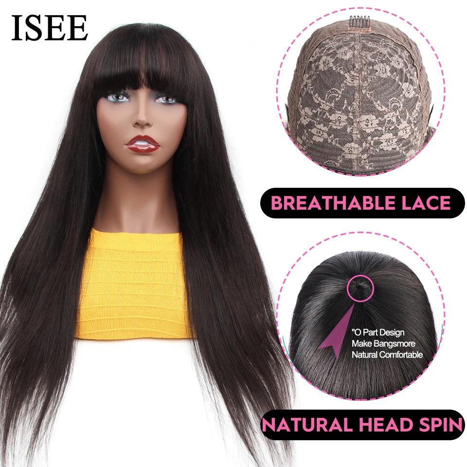 ISEEHAIR Machine Made Sew In Wig Human Hair Straight Wig  Malaysian Straight Wig with Bang Natural Color For Women Wigs No Glue