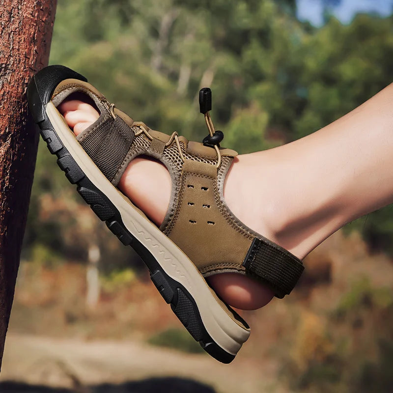 New High Quality Man Non slip Beach Sandals Closed Toe Safety Outdoor Elastic Real Leather Shoes Slipper for Men Hot Sale Arabic