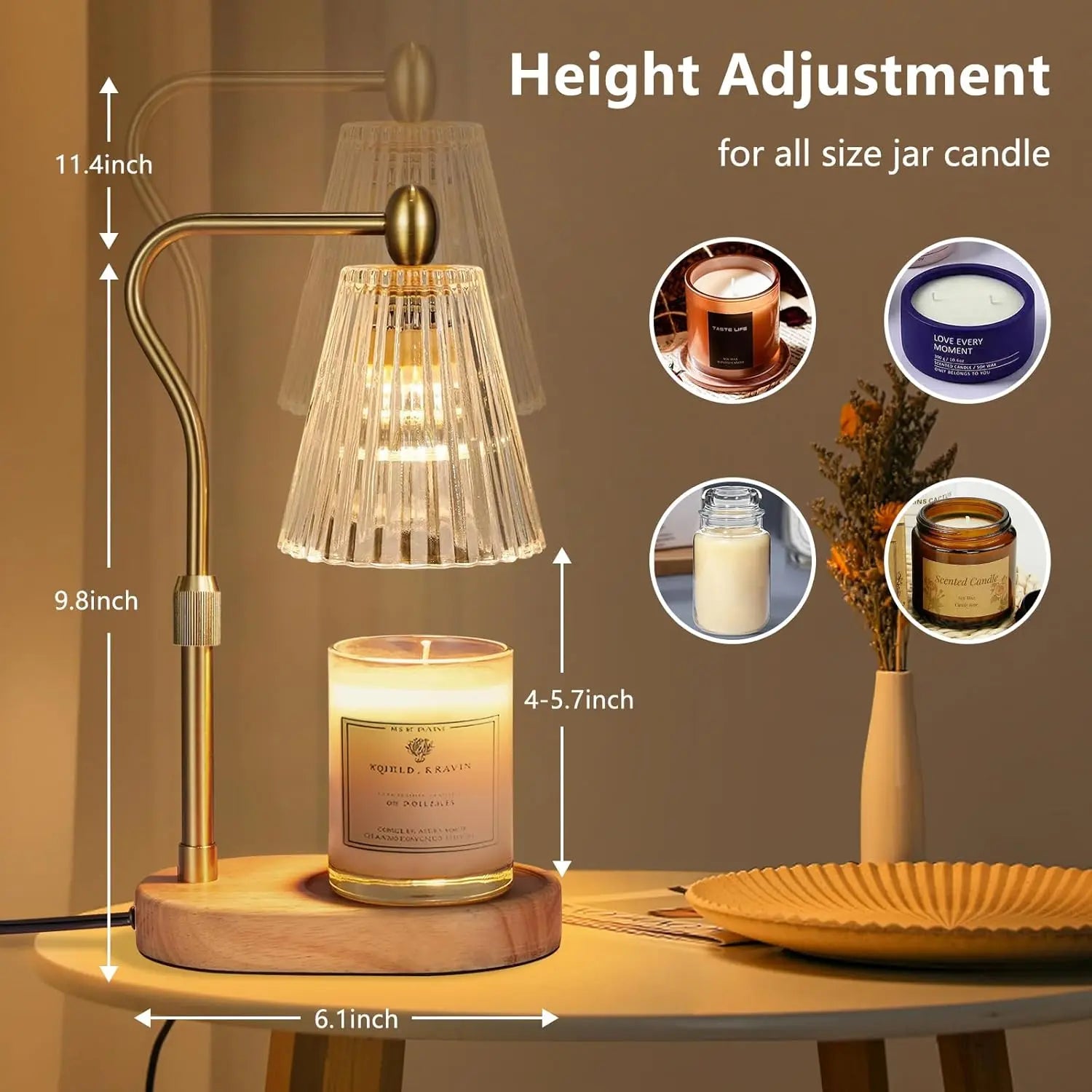 Candle Warmer Lamp with Timer and Dimmer Adjustable Height,Electric Wax Melt Warmer for Scented Jar Candles Home Decor Gifts