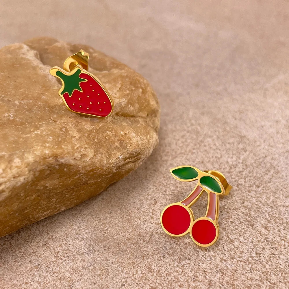 Strawberry Cherry Enamel 14K Gold Plated Women Ladies Stud Earring Stainless Steel Small Charm Earring Fashion Jewelry Set Fruit