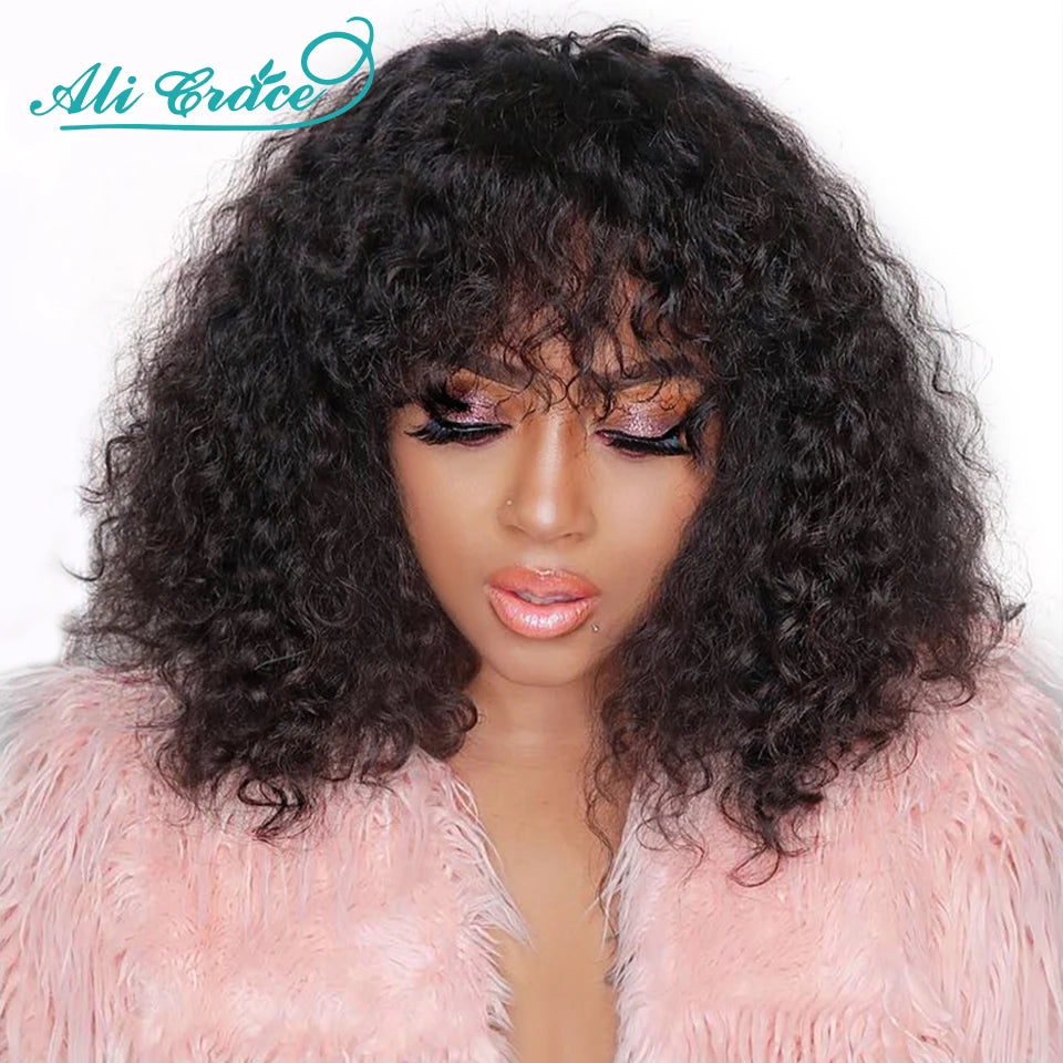 30CM Curly Human Hair Wigs With Bang Machine Made No Lace Wigs Cheap Full Curly Ali Grace Brazilian Hair Fringe Wig