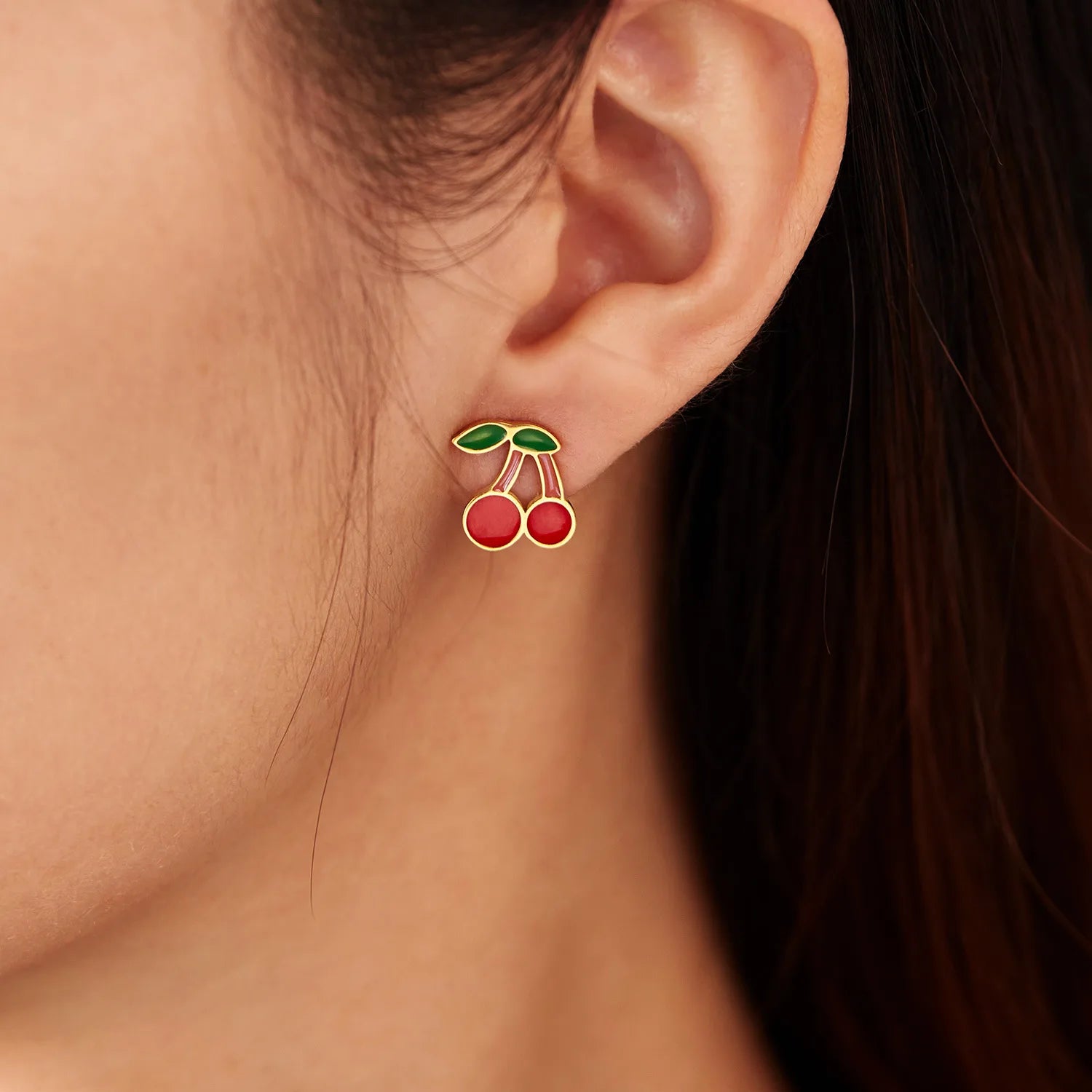Strawberry Cherry Enamel 14K Gold Plated Women Ladies Stud Earring Stainless Steel Small Charm Earring Fashion Jewelry Set Fruit