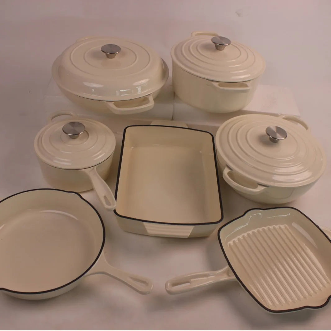 14-Piece Modern Design Cast Iron Enamel Pot Set for Kitchen Use Parties Includes Frying Pan Stew Pot Seafood Pot Food Storage