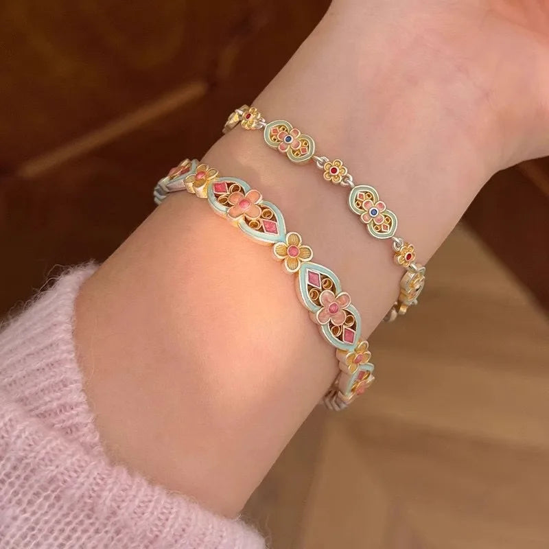 Dropshipping Gift Fashion Bracelet Ancient Enamel Gourd Bracelet National Style Versatile Four-leaf Clover Flower Bracelet