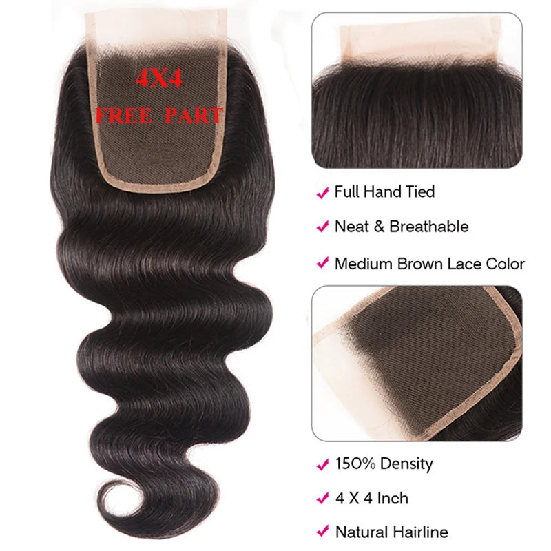 UNICE Hair Body Wave Bundles With 5X5 HD Lace Closure Human Hair Bundles With 4X4 Lace Closure 8-30 Inch Human Hair Weave Bundle
