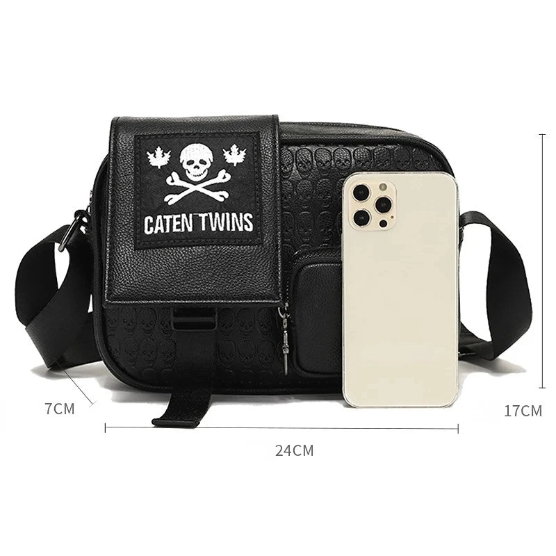 Rock Style Men's Crossbody Bags Square Satchels  Fashion Men Shoulder Messenger Bag Ghost Head Embossed Leather Crossbody Bag