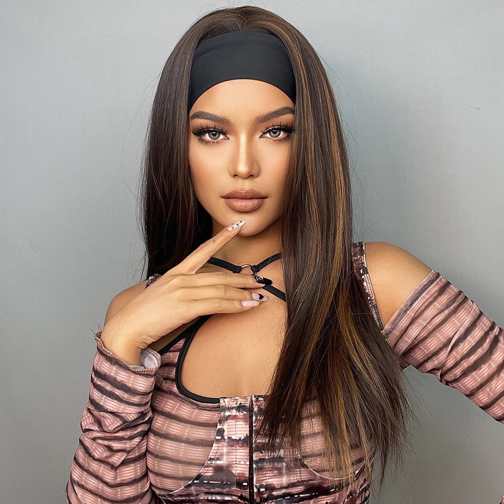 Dark Brown Highlight Headband Synthetic Wigs Long Straight Heat Resistant Headband Hair Wig for Women Daily/Cosplay Wig Headband