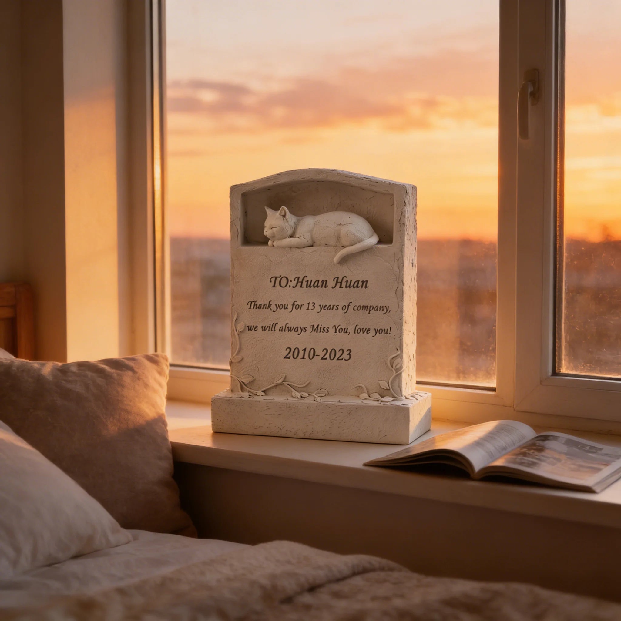 Gentle Resin Cat Memorial Marker - Weatherproof, Vine-Detailed Design,Perfect for Outdoor Decor & Sentimental Pet Grave Ornament