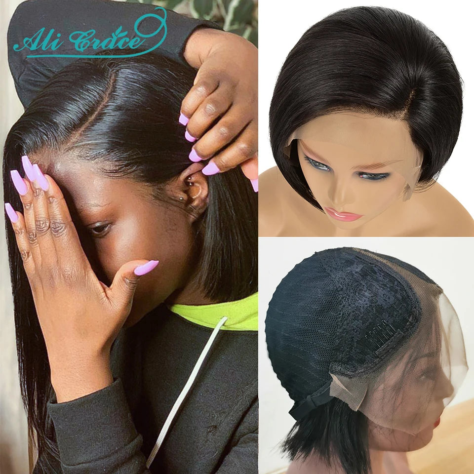 20CM Pixie Cut Blunt Bob Hair Wig Brazilian Short Straight Hair Wigs Pre-plucked Pixie Cut Ali Grace Lace Part Lace Wigs