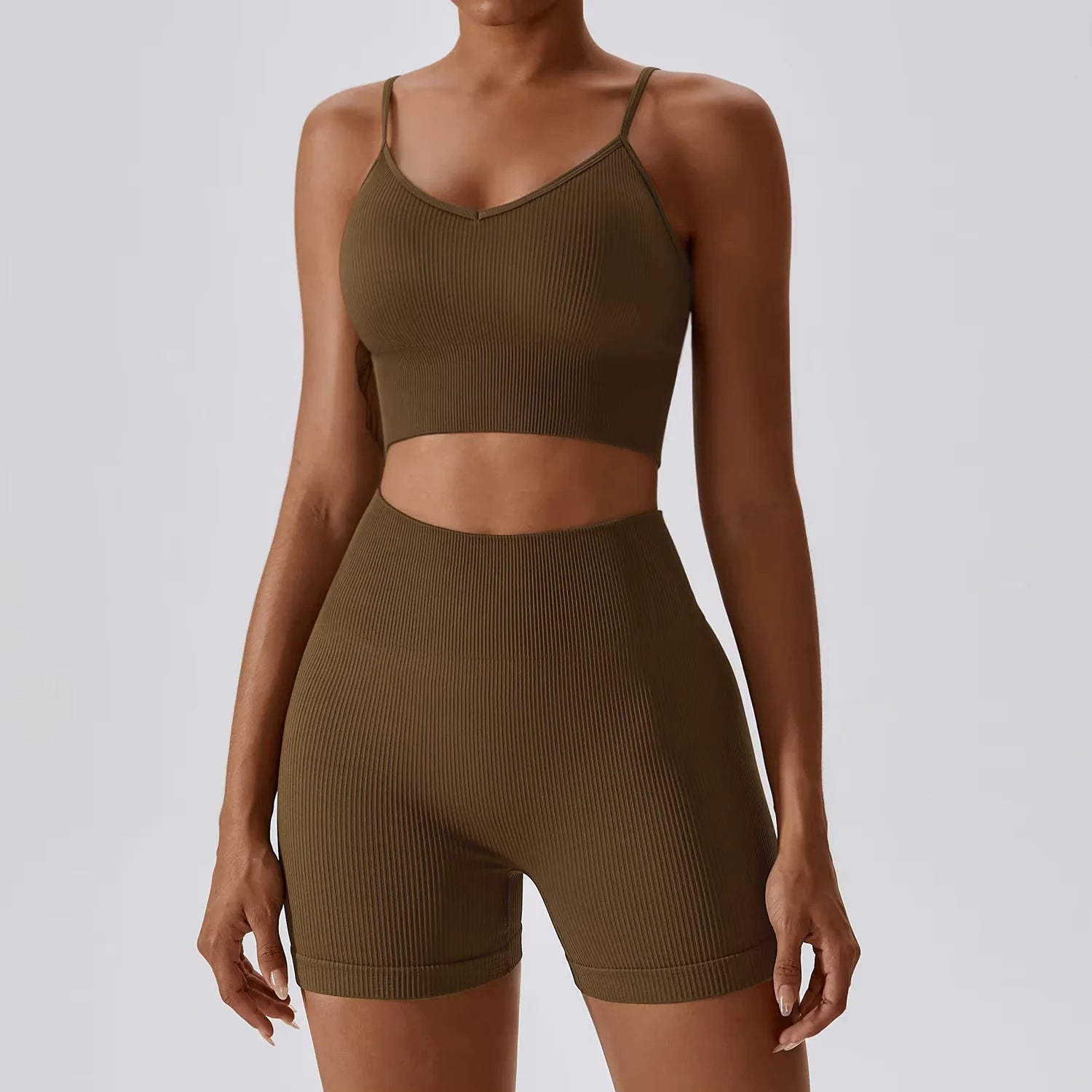 Joyyoung ODM/OEM New Sexy Training Apparel Seamless Ribbed High ed Bra Scrunch Shorts Yoga Sets Fitness Sports Clothing