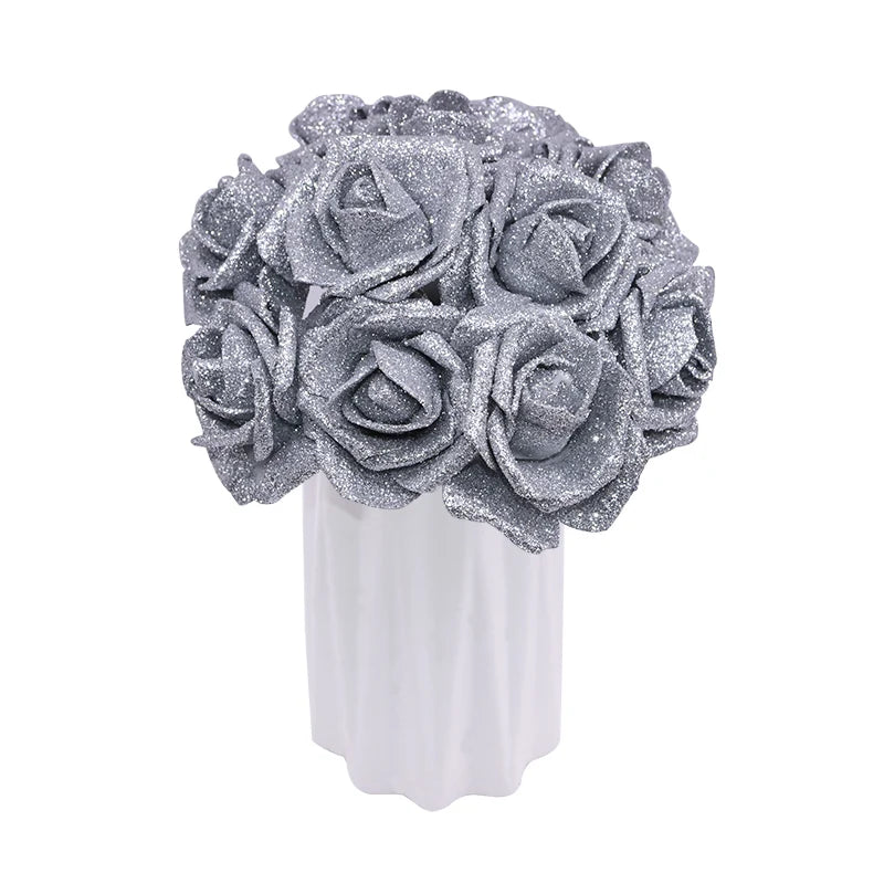 10pcs 6.5cm Glitter Foam Rose Artificial Flower Bridal Bouquet Fake Flower DIY Wreath Craft Christmas Wedding Party Home Decor