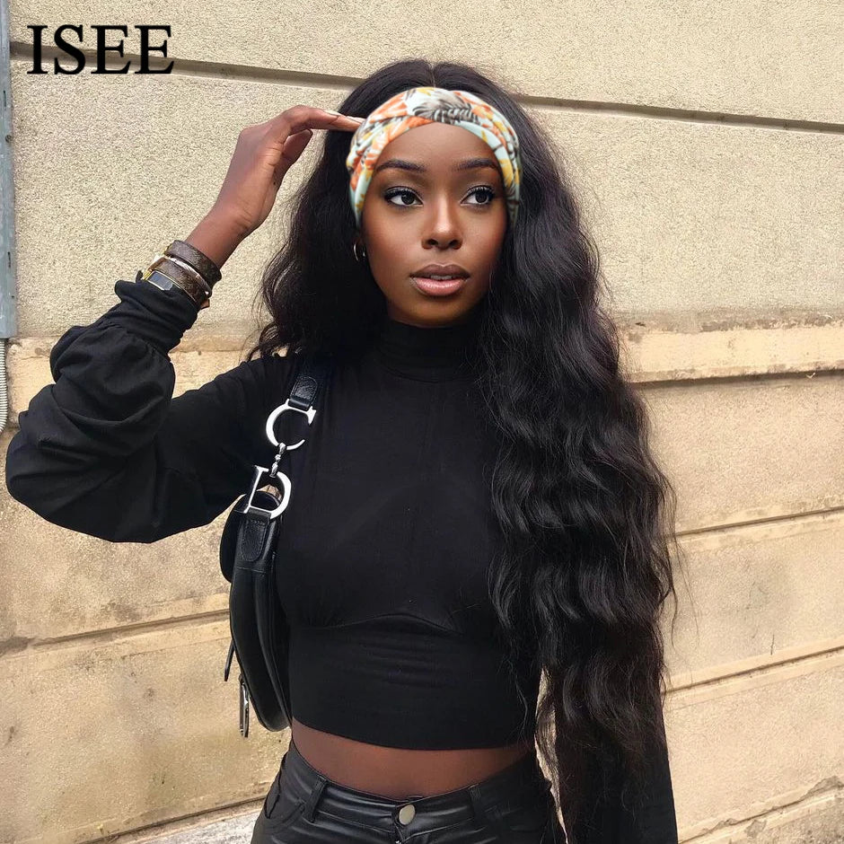 ISEE HAIR Headband Wig Natural Color Body Wave 100% Human Hair Wigs Scarf Wig Peruvian Hair Body Wave Wigs for Women