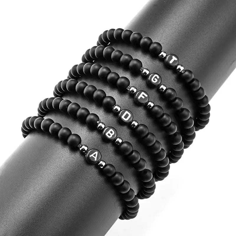 Personalized Enamel Charms Alphabet Initial 6MM Natural Black Onyx Agate Bead Small Letter Bracelet for Women