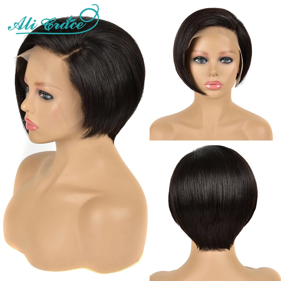 20CM Pixie Cut Blunt Bob Hair Wig Brazilian Short Straight Hair Wigs Pre-plucked Pixie Cut Ali Grace Lace Part Lace Wigs