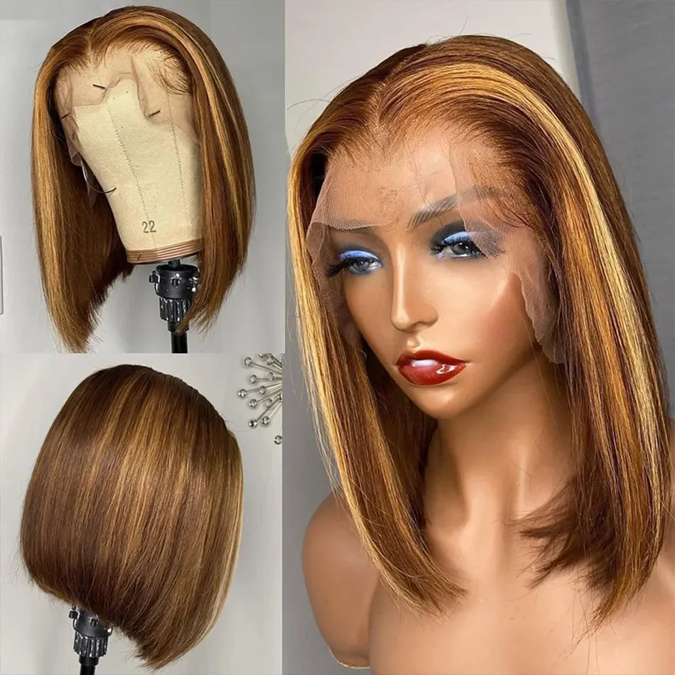 Christmas Piano Color Straight Short Bob Wig Raw Brazilian Virgin Human Hair Wig 4x4 HD Lace Front Wig for Black Women