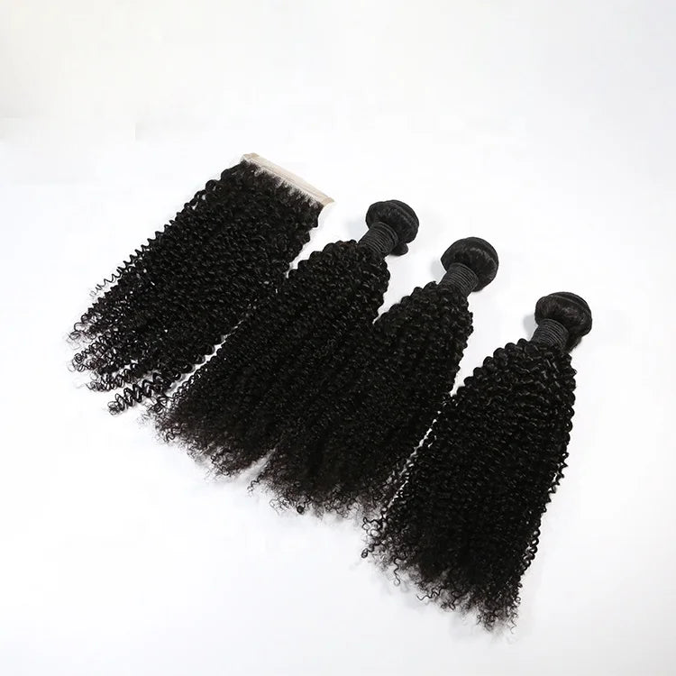 Kinky Curly Hair Bundles With Closure 100% Natural Human Hair Weave Bundles Remy Hair Extensions Natural Black