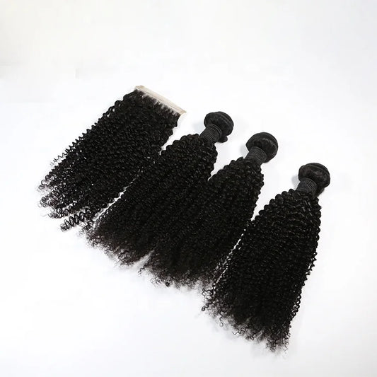 Kinky Curly Hair Bundles With Closure 100% Natural Human Hair Weave Bundles Remy Hair Extensions Natural Black