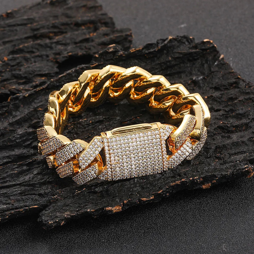 Men's Luxury 18K Gold Plated Cuban Bracelet Hip Hop Bling Style Diamond CZ Iced 20mm Geometric Zircon Main Stone Rhodium Plated